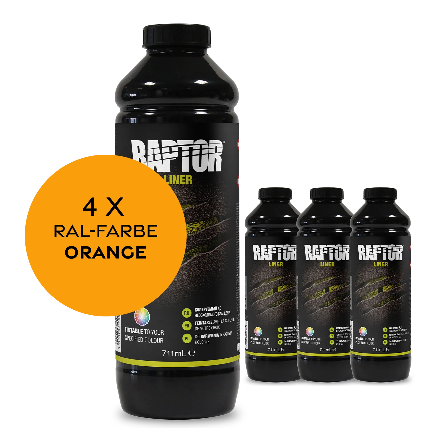 Raptor RAL 2000 - Gelborange / 4er Flaschen-KIT / ohne RAPTOR Liner Flaschen-Kit RAL-Farben Orange