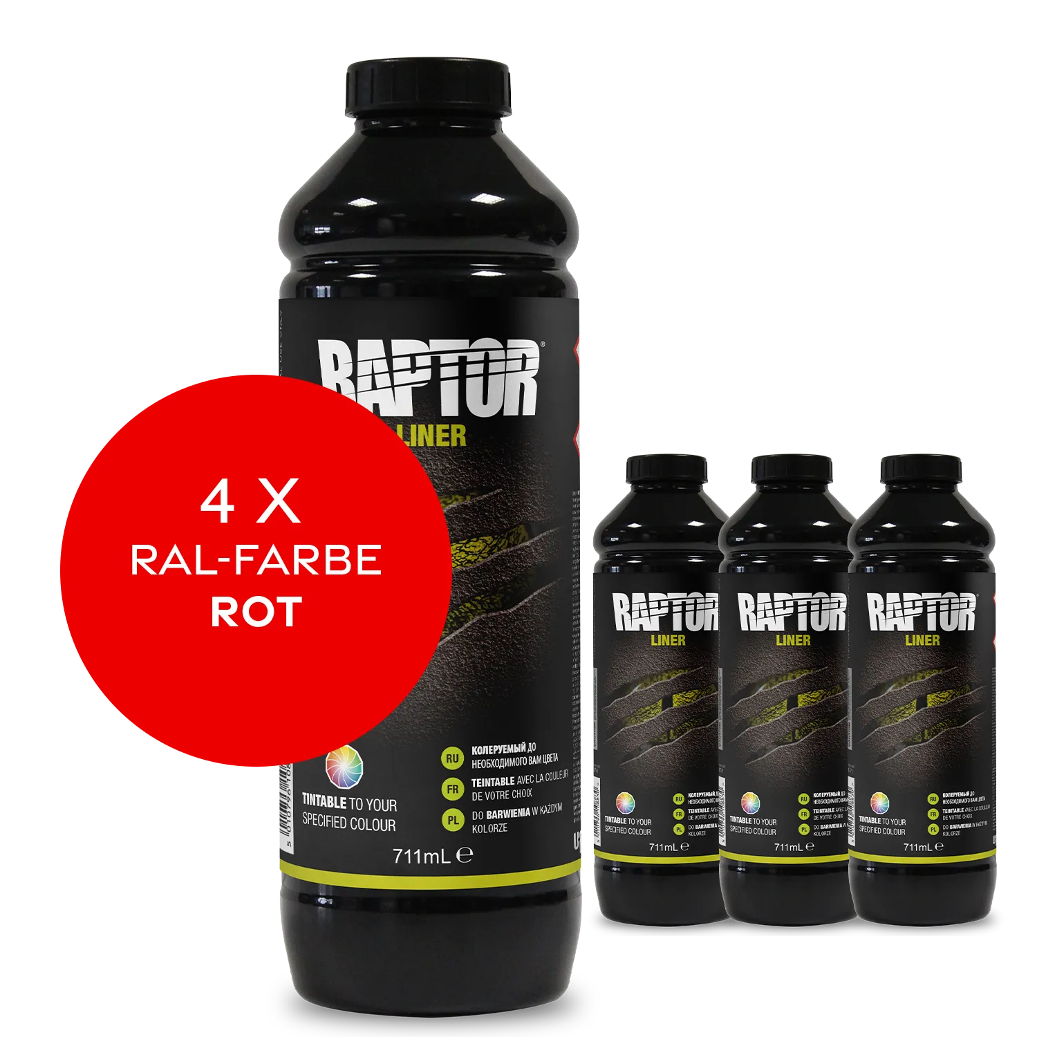 Raptor RAL 3000 - Feuerrot / 4er Flaschen-KIT / ohne RAPTOR Liner Flaschen-Kit RAL-Farben Rot