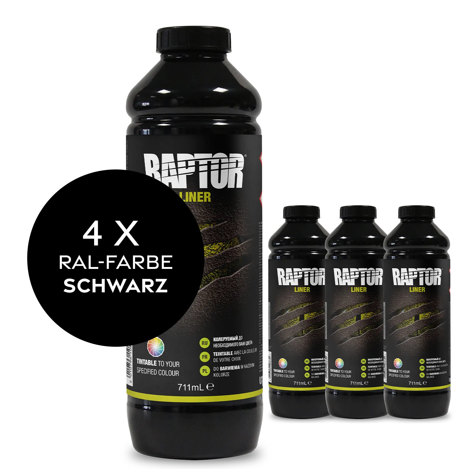 Raptor RAL 9004 -Signalschwarz / 4er Flaschen-KIT / ohne RAPTOR Liner Flaschen-Kit RAL-Farben Schwarz