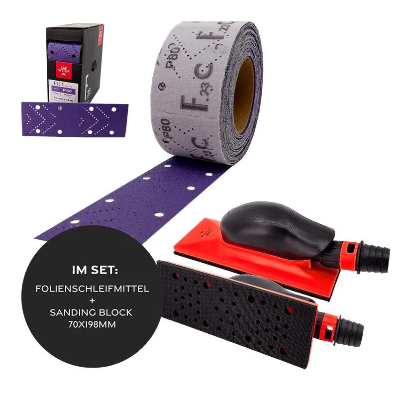 Kiezlack P80 / Folienschleifmittel + 1 Sanding Block 70x198 mm Carsystem SANDING STRIPS F.23 CERAMIC Folienschleifmittel Rolle 70 mm x 12 m
