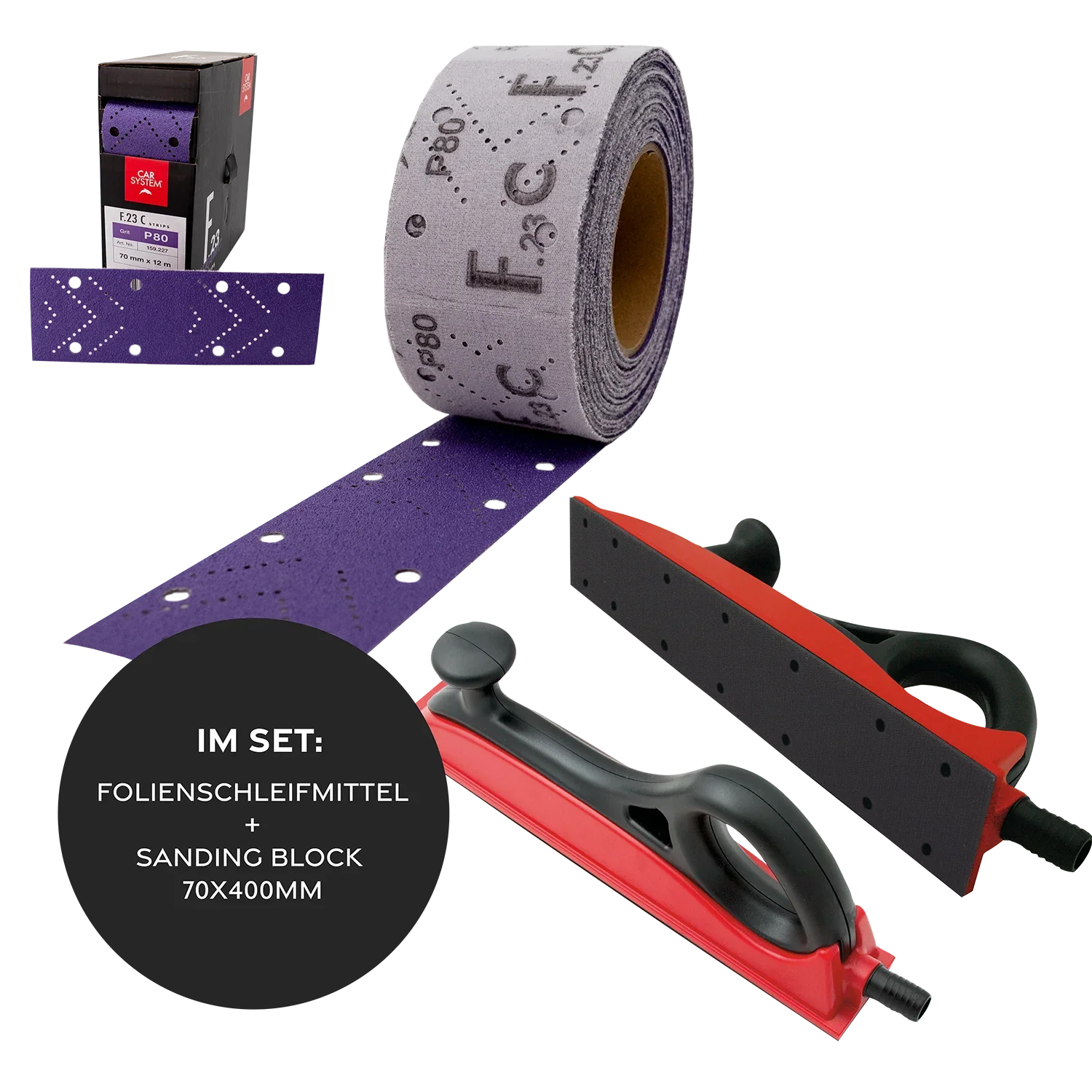 Kiezlack P80 / Folienschleifmittel + 1 Sanding Block 70x400 mm Carsystem SANDING STRIPS F.23 CERAMIC Folienschleifmittel Rolle 70 mm x 12 m