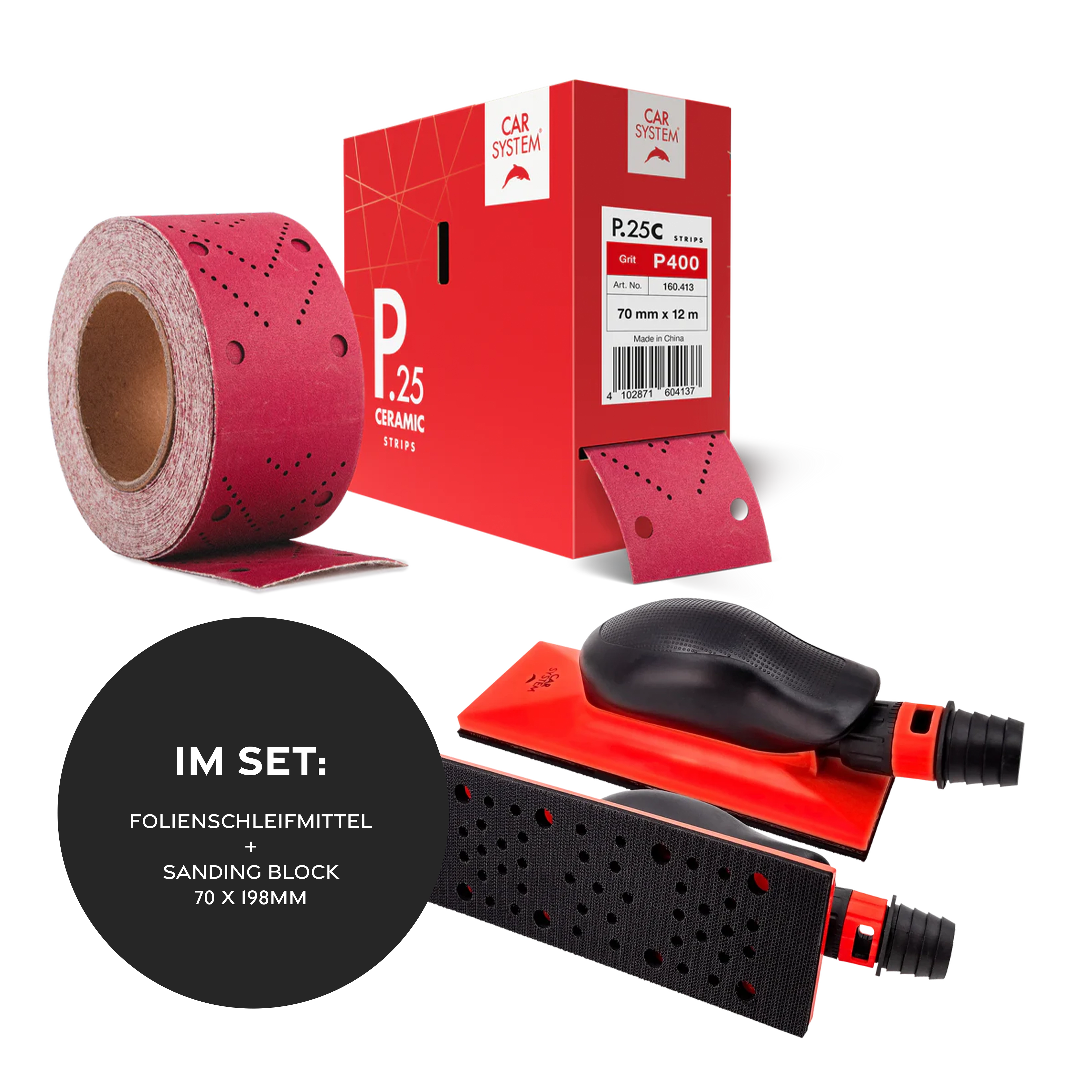 Carsystem P80 / Folienschleifmittel + 1 Sanding Block 70x198 mm Carsystem SANDING STRIPS P.25 CERAMIC Papierschleifmittel Rolle 70 mm x 12m