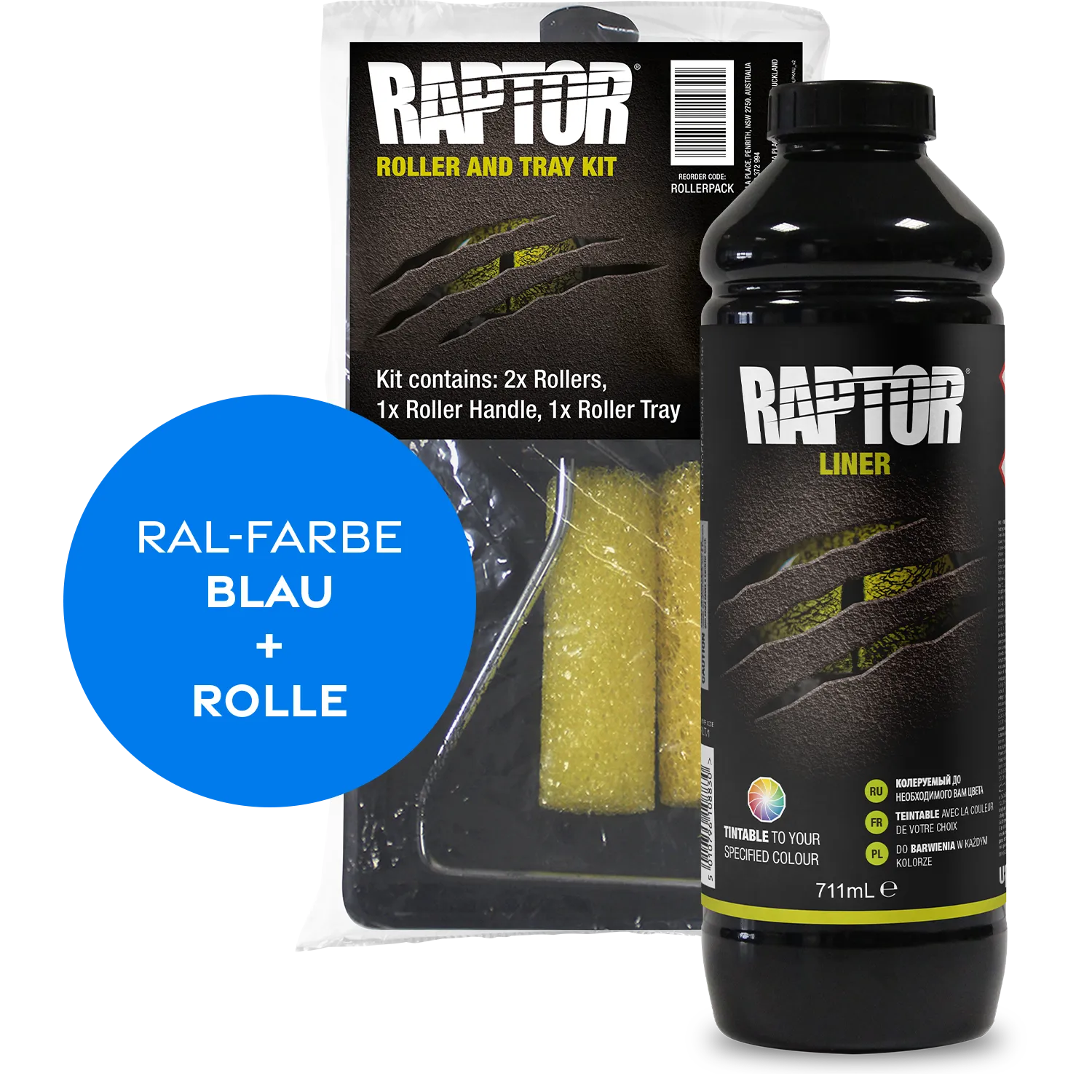 Raptor RAL 5000 - Violettblau / 1er Flaschen-KIT / Raptor Roller Kit RAPTOR Liner Flaschen-Kit RAL-Farben Blau