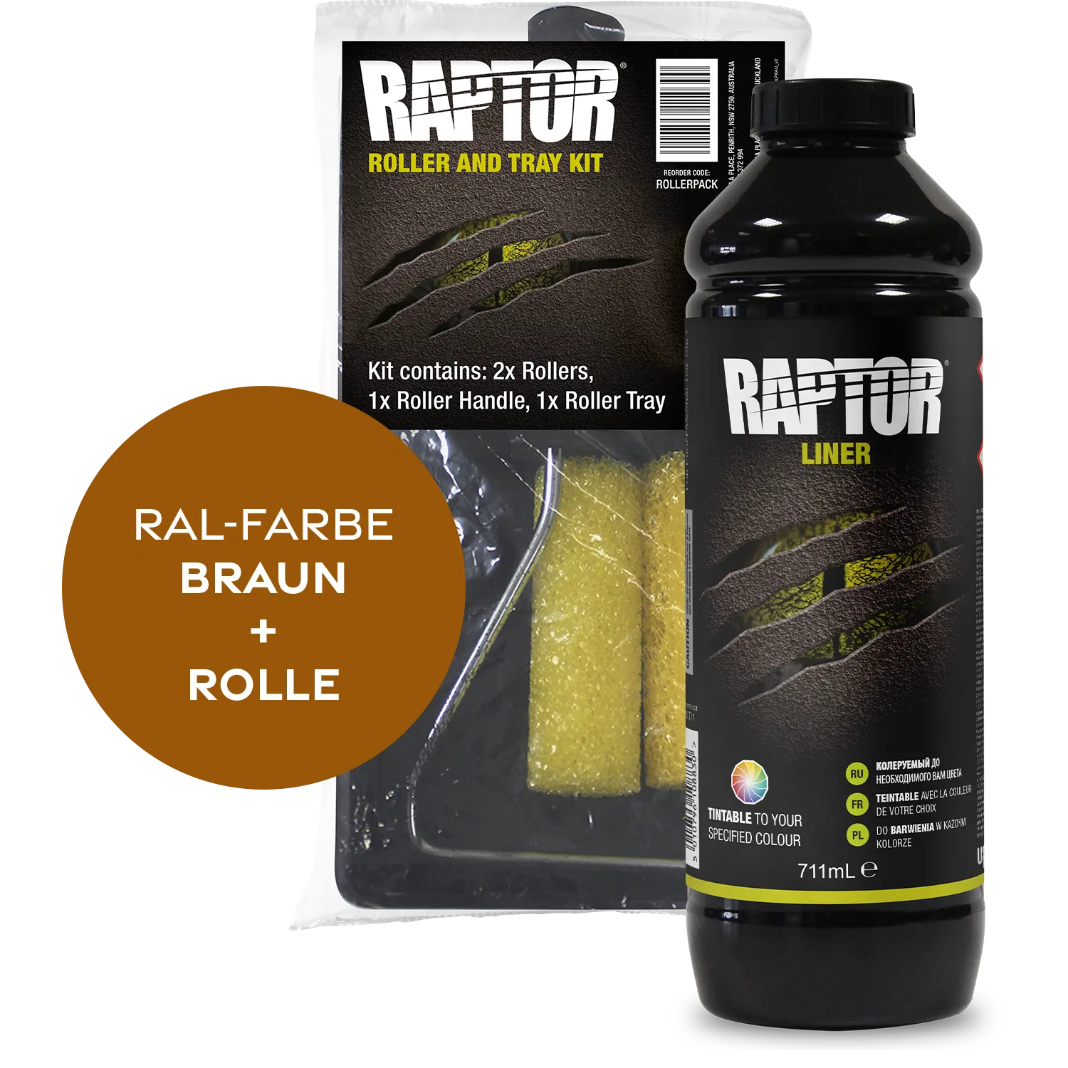 Raptor RAL 8000 - Grünbraun / 1er Flaschen-KIT / Raptor Roller Kit RAPTOR Liner Flaschen-Kit RAL-Farben Braun