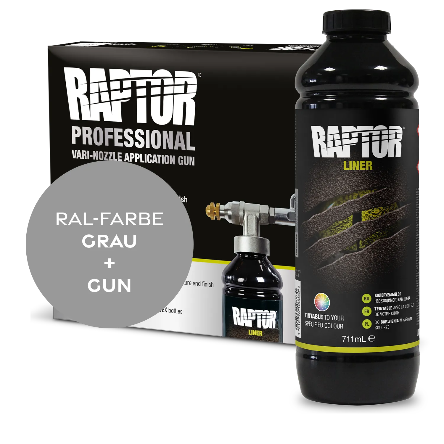 Raptor RAL 7000 - Fehgrau / 1er Flaschen-KIT / Raptor Spraygun RAPTOR Liner Flaschen-Kit RAL-Farben Grau