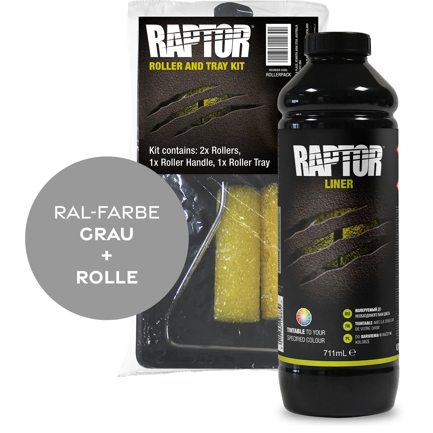 Raptor RAL 7000 - Fehgrau / 1er Flaschen-KIT / Raptor Roller Kit RAPTOR Liner Flaschen-Kit RAL-Farben Grau
