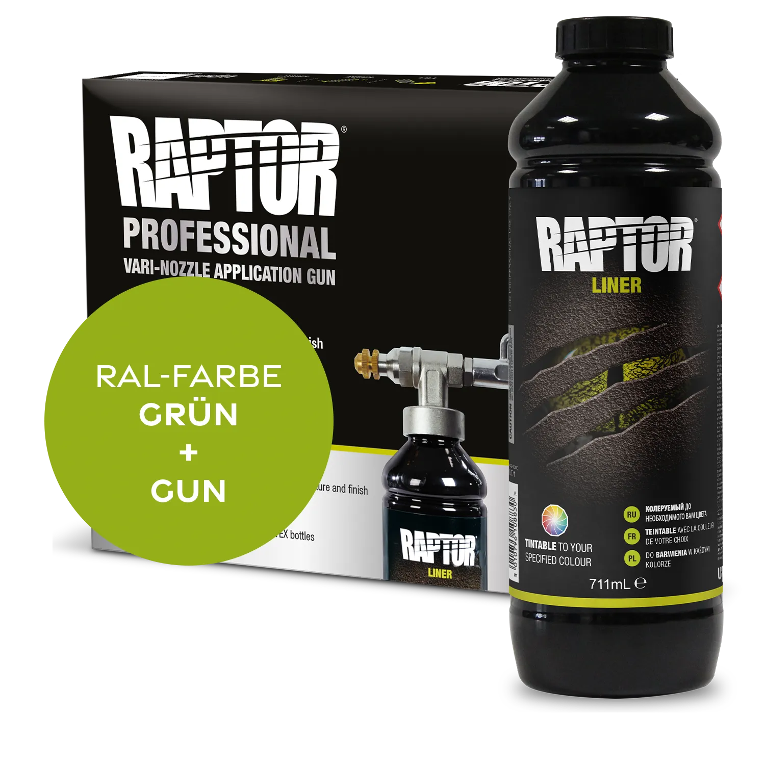 Raptor RAL 6000 - Patinagrün / 1er Flaschen-KIT / Raptor Spraygun RAPTOR Liner Flaschen-Kit RAL-Farben Grün