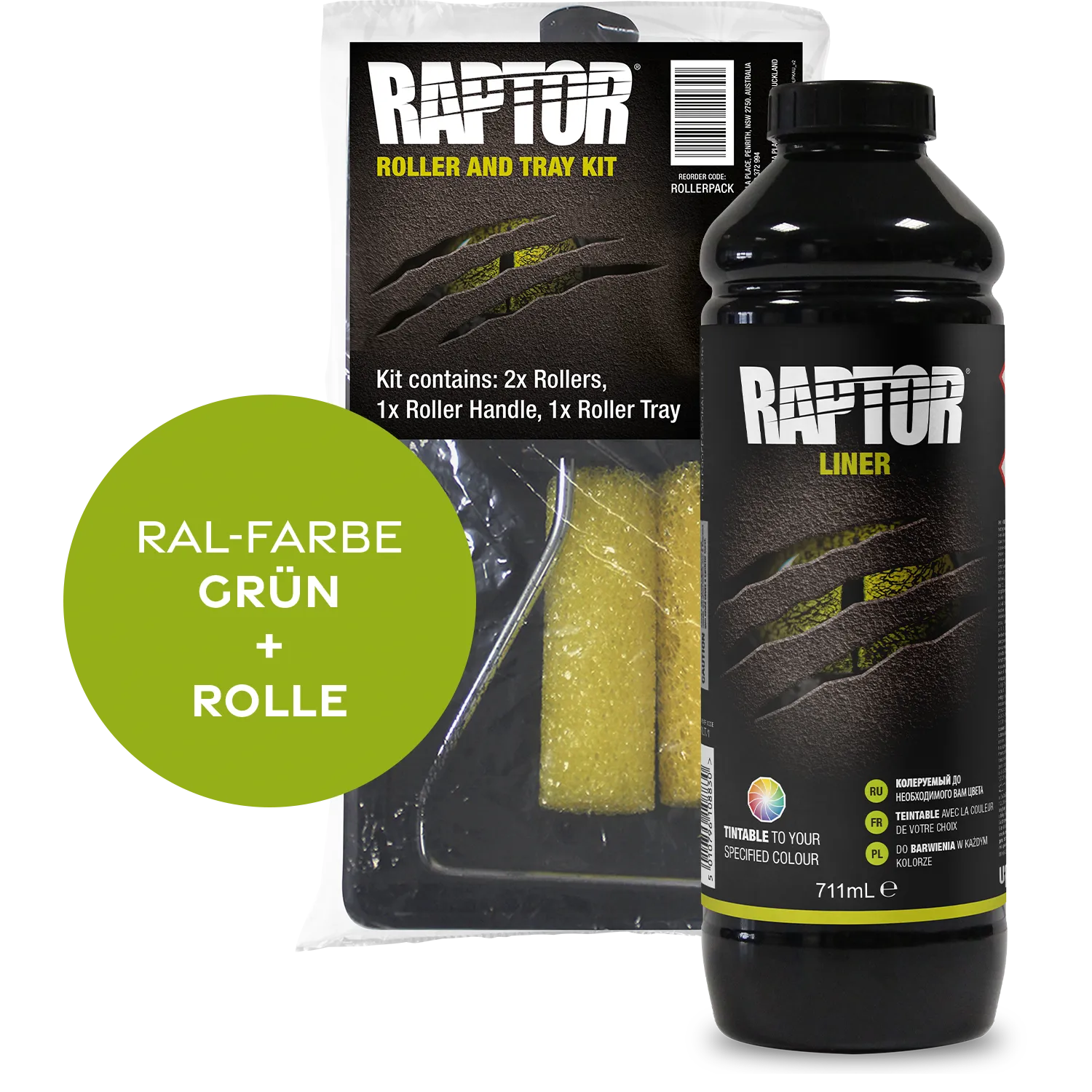 Raptor RAL 6000 - Patinagrün / 1er Flaschen-KIT / Raptor Roller Kit RAPTOR Liner Flaschen-Kit RAL-Farben Grün