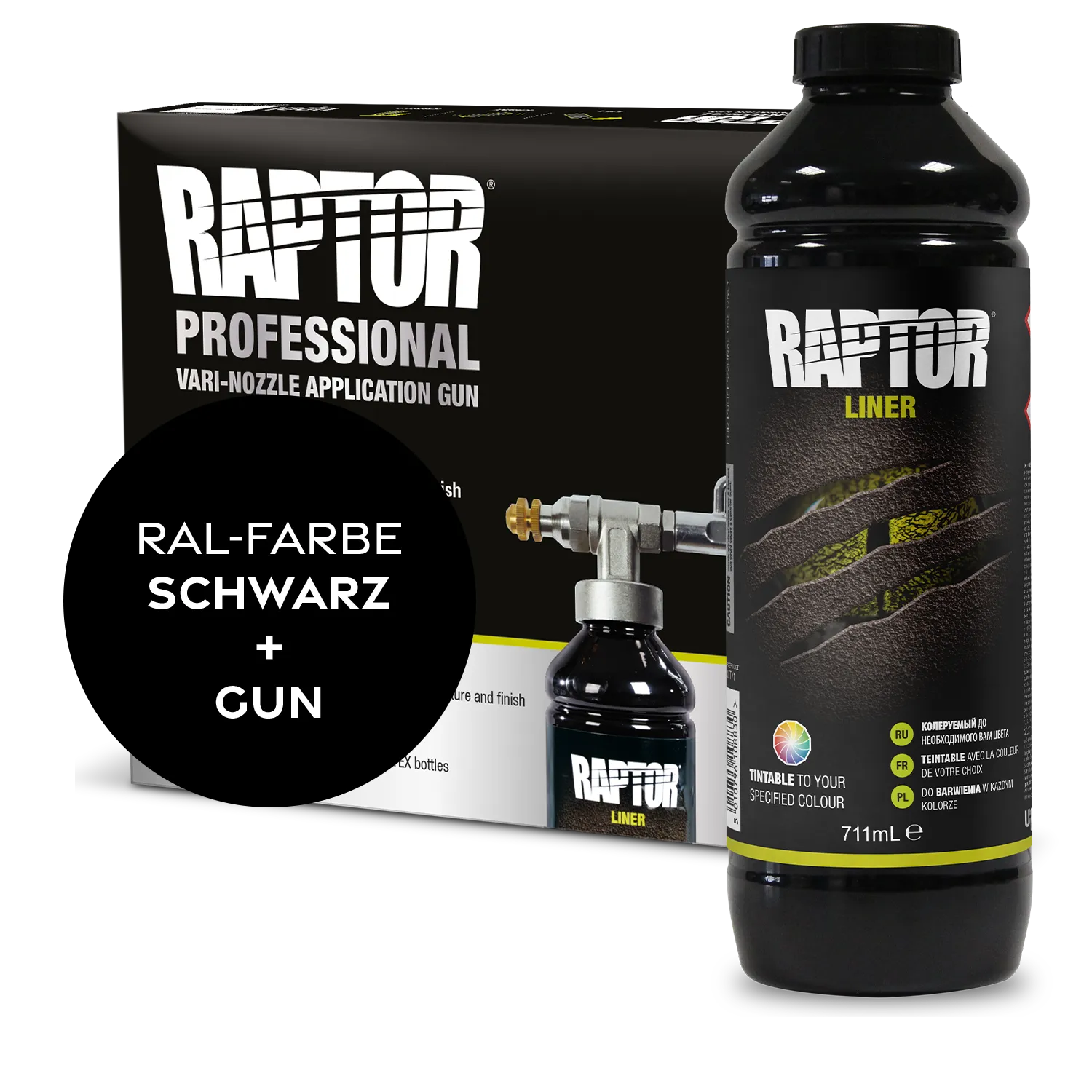 Raptor RAL 9004 -Signalschwarz / 1er Flaschen-KIT / Raptor Spraygun RAPTOR Liner Flaschen-Kit RAL-Farben Schwarz