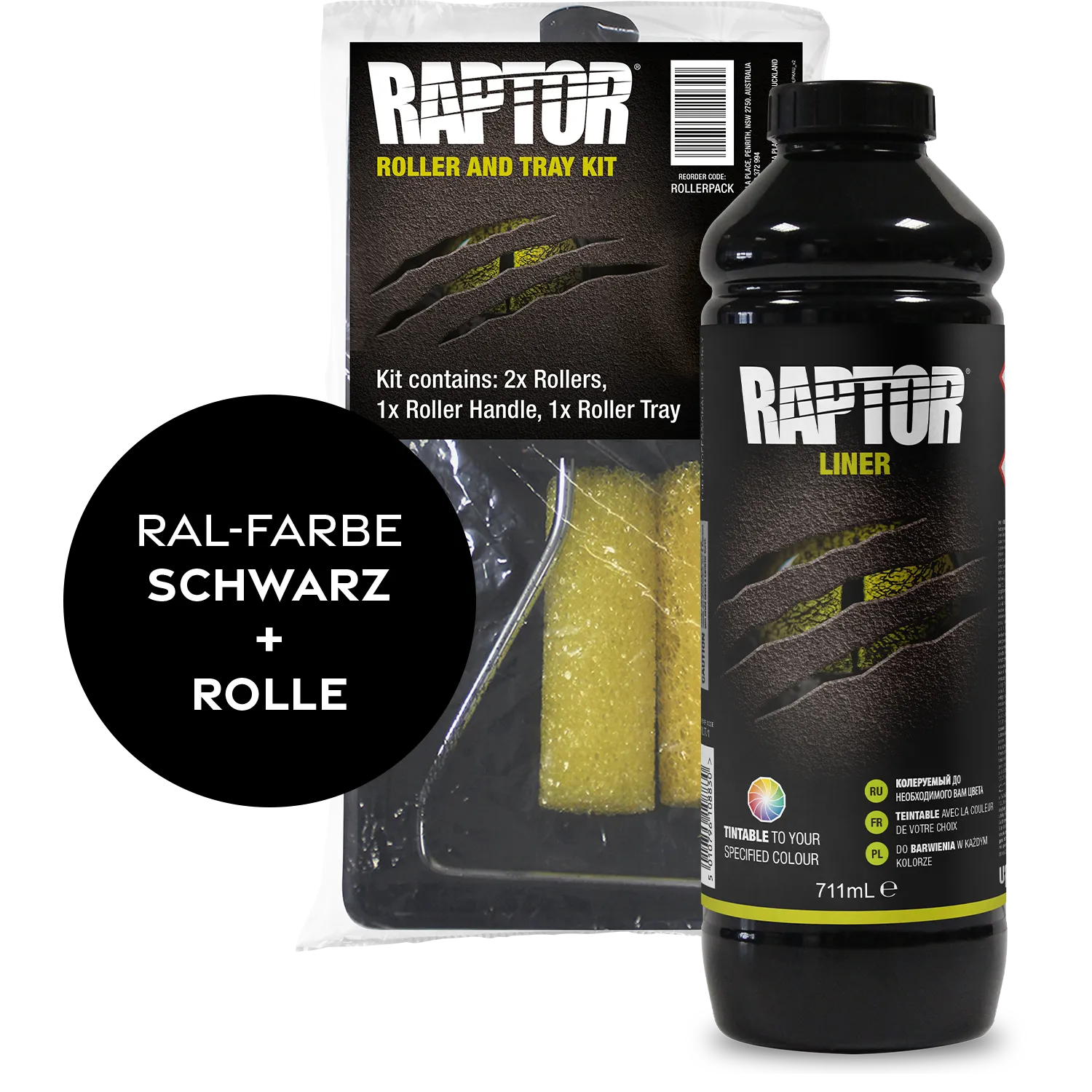 Raptor RAL 9004 -Signalschwarz / 1er Flaschen-KIT / Raptor Roller Kit RAPTOR Liner Flaschen-Kit RAL-Farben Schwarz