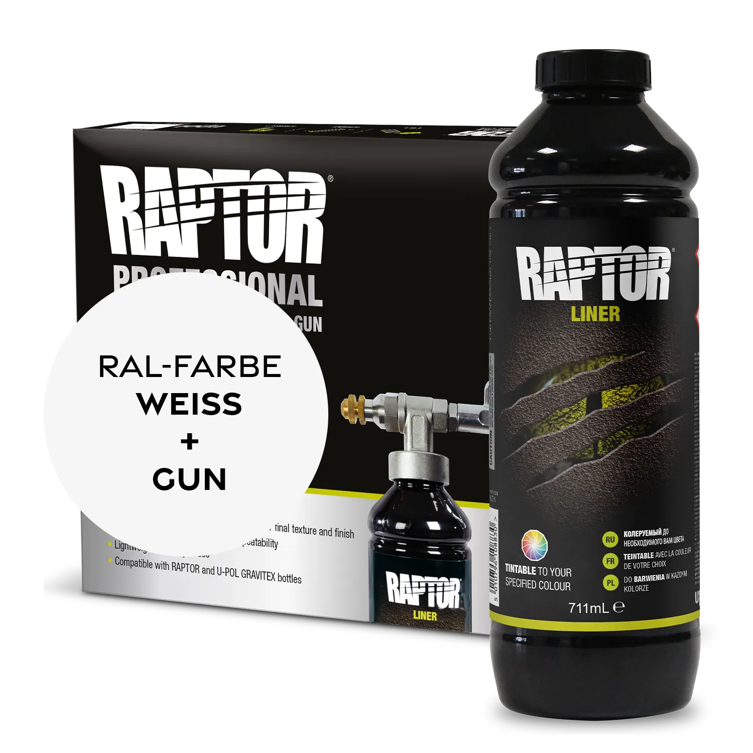 Raptor RAL 9001 - Cremeweiss / 1er Flaschen-KIT / Raptor Spraygun RAPTOR Liner Flaschen-Kit RAL-Farben Weiss