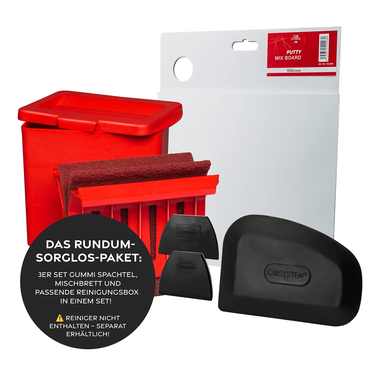 Carsystem 3er Set Gummi Spachtel + 1 Spachtelbrett + 1 Reinigungsbox Carsystem Spachtel Gummi 3er Set schwarz 90 / 105 / 115 mm