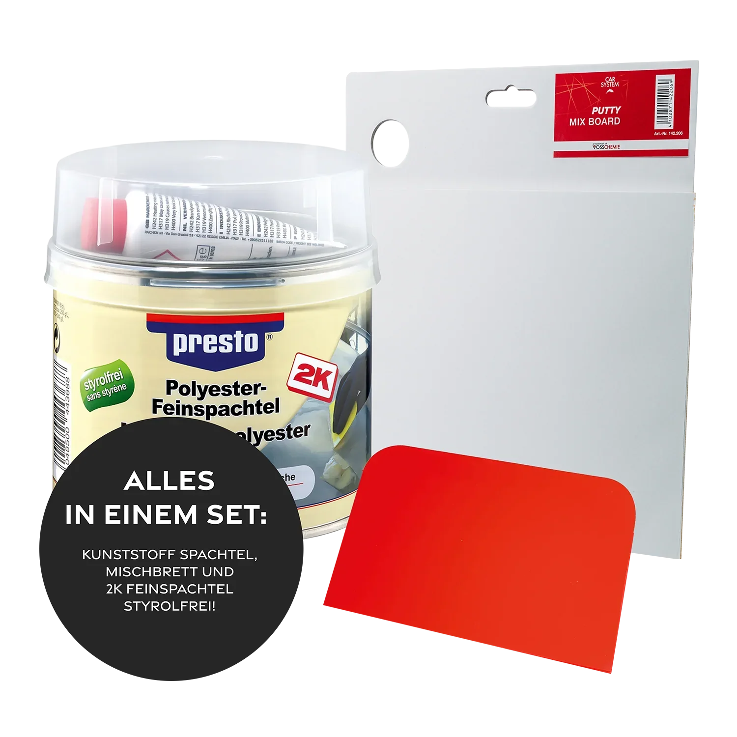 Presto 2K Feinspachtel Styrolfrei 250g + 1 Spachtelbrett + 1 Kunststoff Spachtel 2K Feinspachtel Styrolfrei 250g