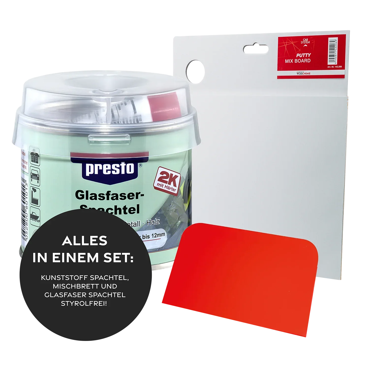Presto 2K Glasfaserspachtel Styrolfrei 250g + 1 Spachtelbrett + 1 Kunststoff Spachtel 2K Glasfaserspachtel Styrolfrei 250g
