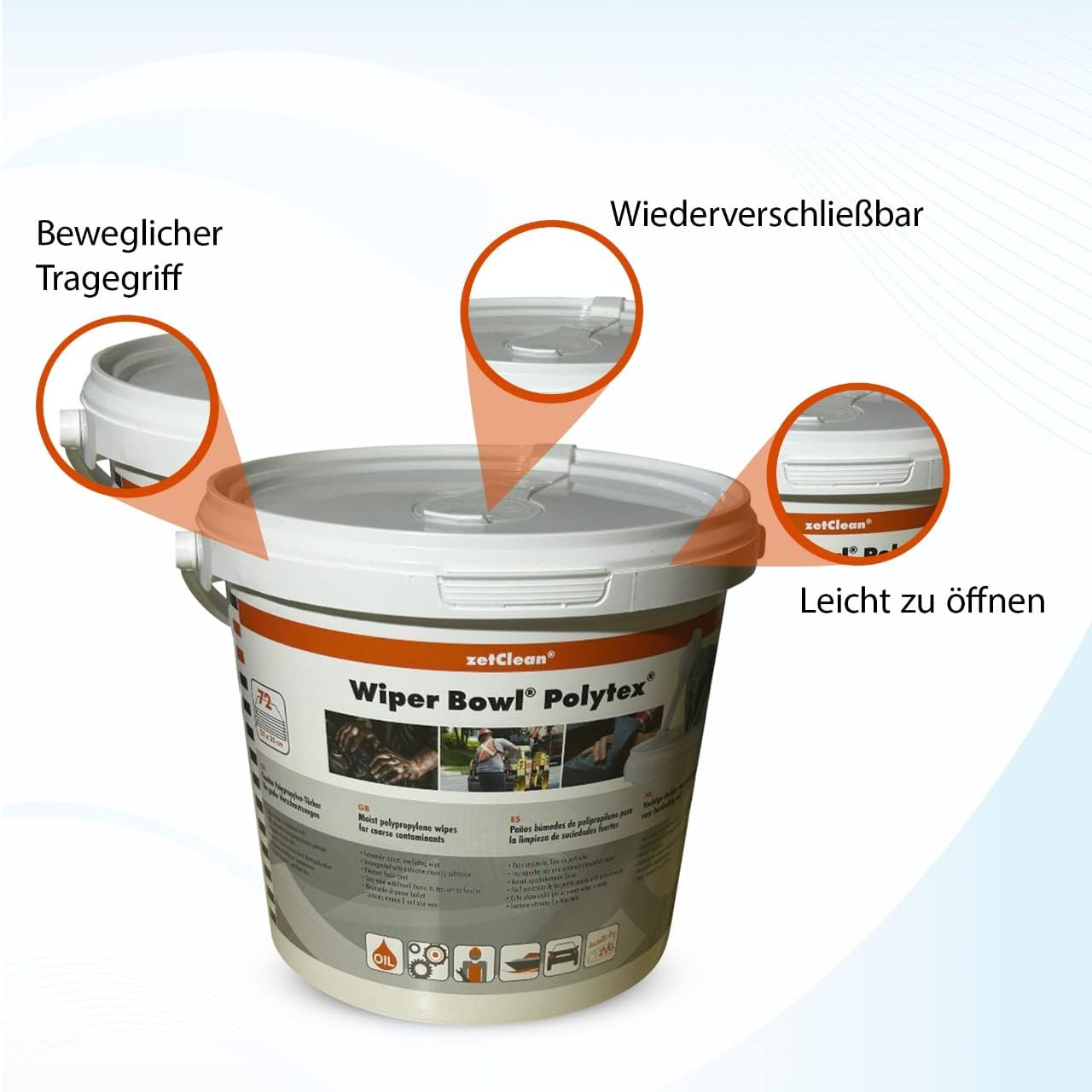 ZVG ZVG zetClean® Wiper Bowl Polytex® – Feuchte Reinigungstücher im Spendereimer (72 Tücher)