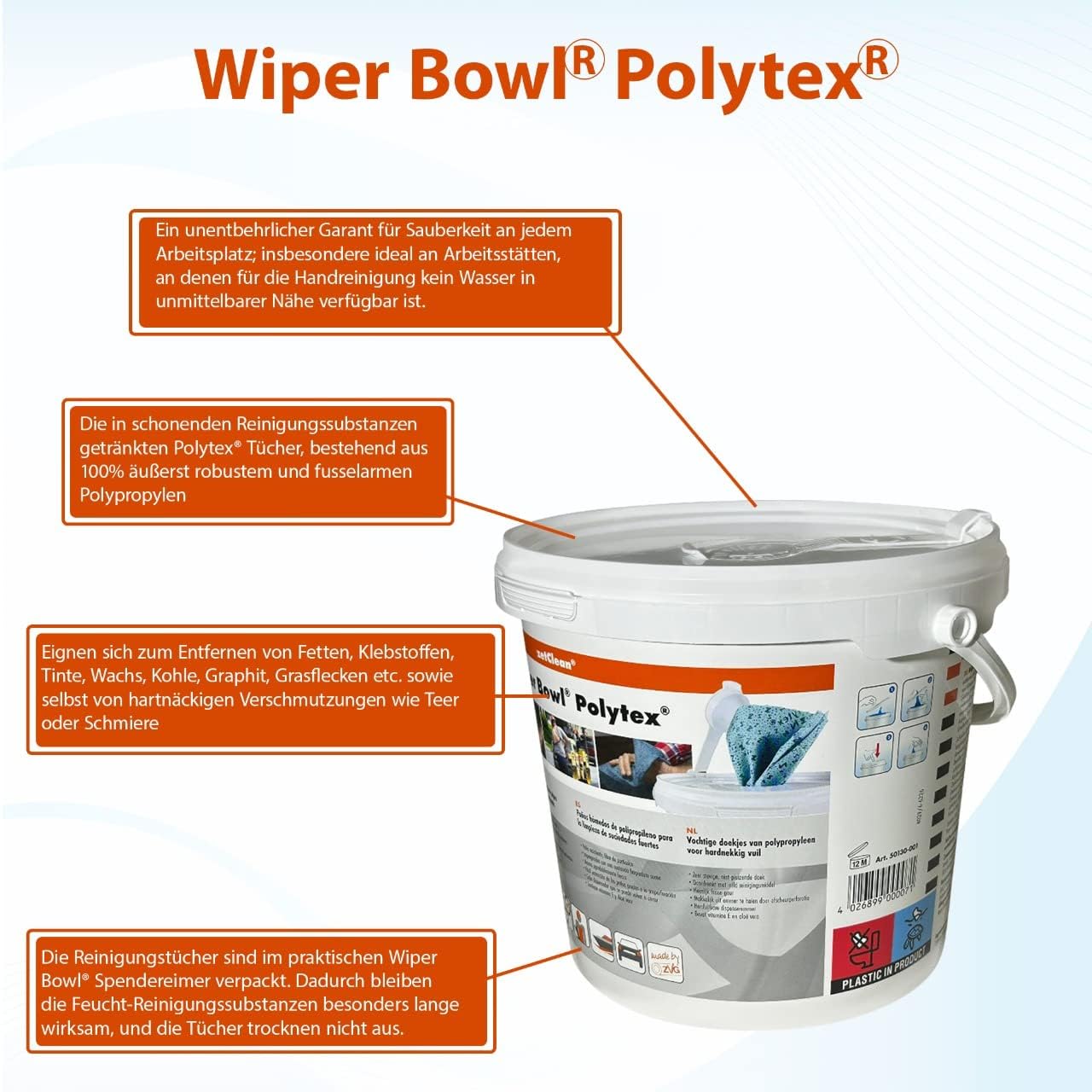 ZVG ZVG zetClean® Wiper Bowl Polytex® – Feuchte Reinigungstücher im Spendereimer (72 Tücher)