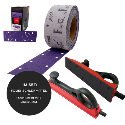 Kiezlack P80 / Folienschleifmittel + 1 Sanding Block 70x400 mm Carsystem SANDING STRIPS F.23 CERAMIC Folienschleifmittel Rolle 70 mm x 12 m
