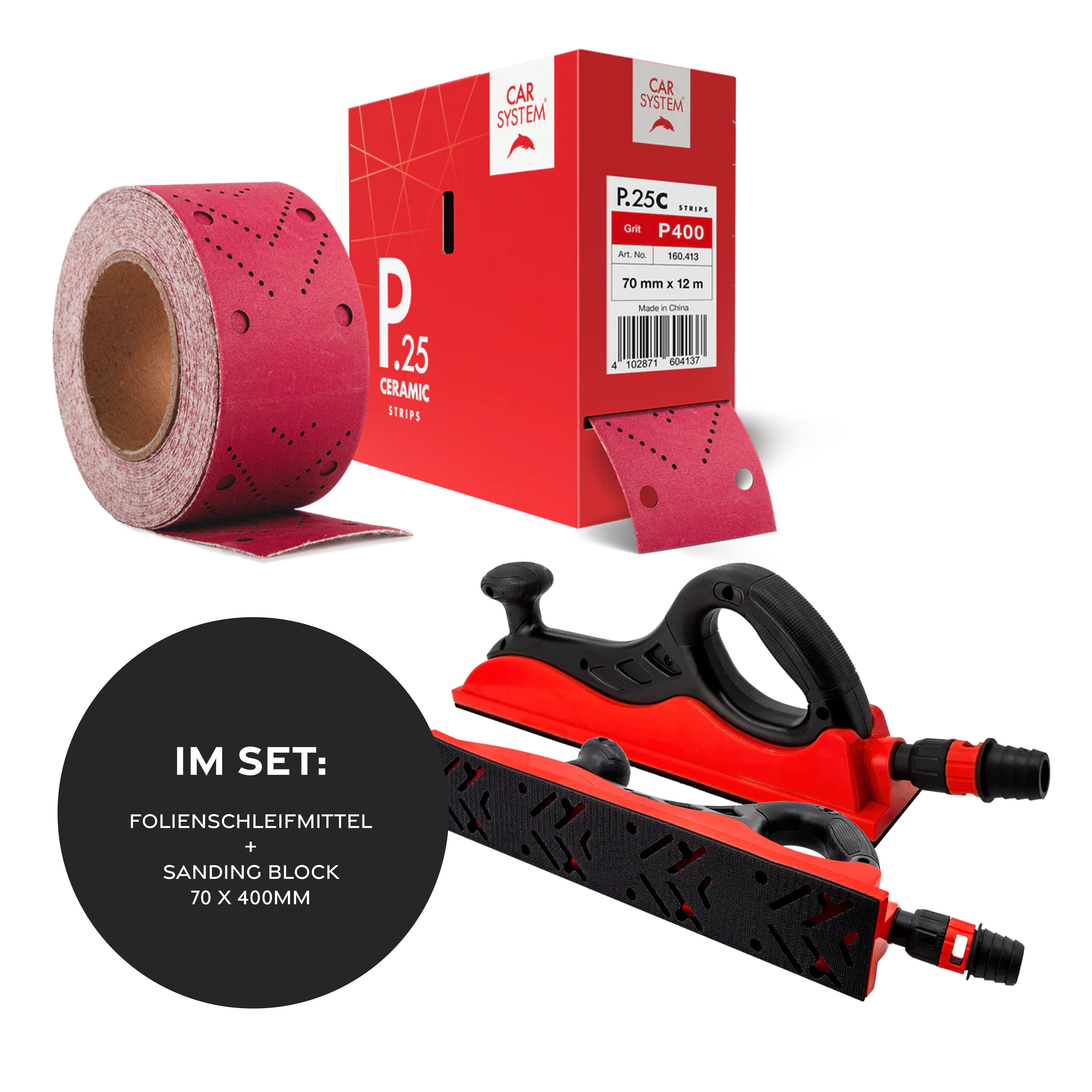 Carsystem P80 / Folienschleifmittel + 1 Sanding Block 70x400 mm Carsystem SANDING STRIPS P.25 CERAMIC Papierschleifmittel Rolle 70 mm  x 12m