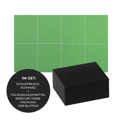 Carsystem Schleifblock Schwarz + Folienschleifmittel Mercury P2000 1 Packung (200 Blüten) ProFlex Mercury Schleifblock 27x33 mm (hart, schwarz) – Spot-Repair Block