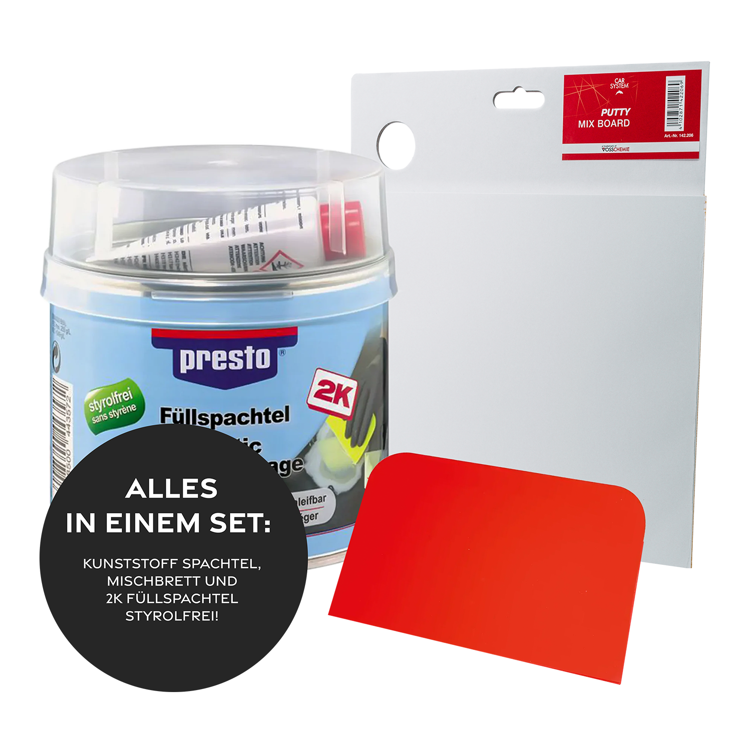 Presto 2K Füllspachtel Styrolfrei 250g + Spachtelbrett + 1 Kunststoff Spachtel 2K Füllspachtel Styrolfrei 250g
