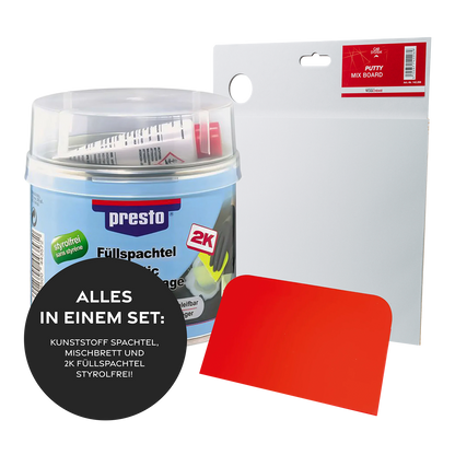 Presto 2K Füllspachtel Styrolfrei 250g + Spachtelbrett + 1 Kunststoff Spachtel 2K Füllspachtel Styrolfrei 250g