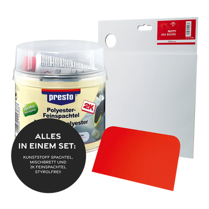 Presto 2K Feinspachtel Styrolfrei 250g + 1 Spachtelbrett + 1 Kunststoff Spachtel 2K Feinspachtel Styrolfrei 250g