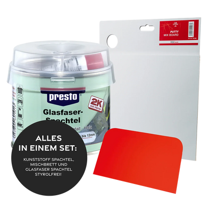 Presto 2K Glasfaserspachtel Styrolfrei 250g + 1 Spachtelbrett + 1 Kunststoff Spachtel 2K Glasfaserspachtel Styrolfrei 250g